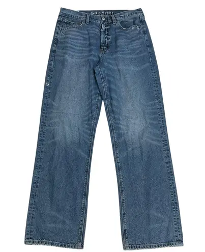 American Eagle High Waisted Frayed Hem Straight Leg Denim Jeans Whiskers Size 10 Blue