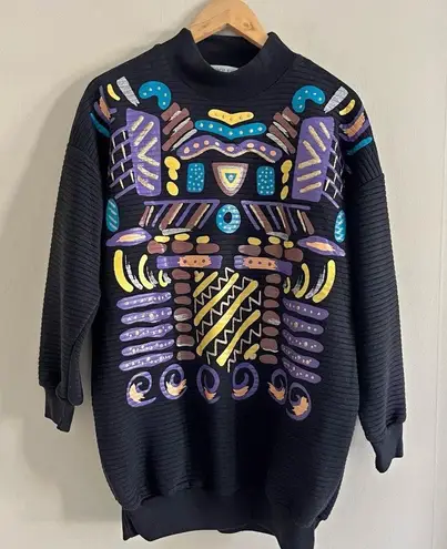 Vintage Adolfo Sport Oversized Tunic Sweatshirt 80s Abstract Painted Black Purple