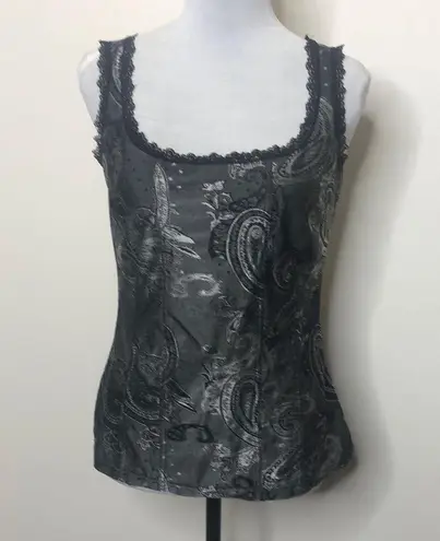 Travel by Tribal dark grey paisley lace trim tank top size XS Gray