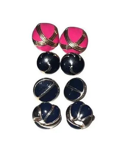 Four (4) Vintage Round Enamel 80s Retro Button Earrings Post Back Large Studs Gold