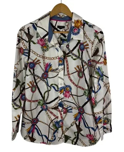Talbots Chain Ribbon Print Button Down Shirt Large Equestrian Novelty Preppy