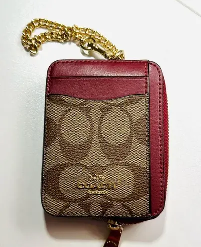 Coach  Zip ID Card Case With Gold Chain Strap Red/Tan Color Leather Mini Wallet - Image 2