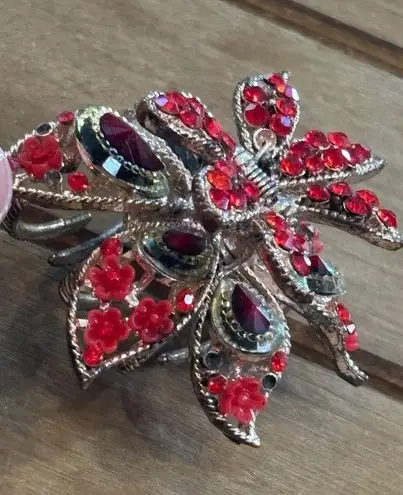 Large Floral Hair Clip With Red Rhinestones & Metal**note missing rhinestone