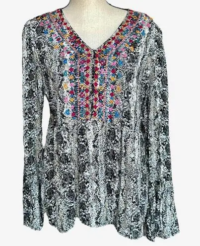 Savanna Jane Flowy Embroidered Snake Skin Blouse Sz L Size L