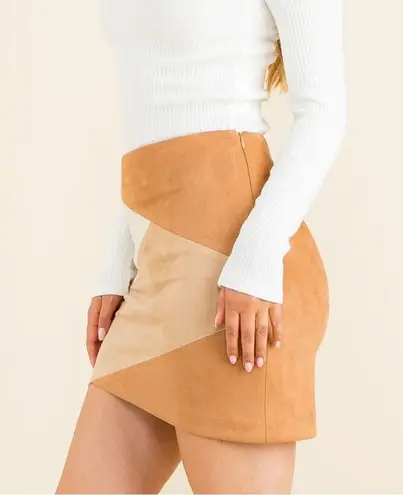 THML Suede Colorblock Mini Skirt in Tan/Cream