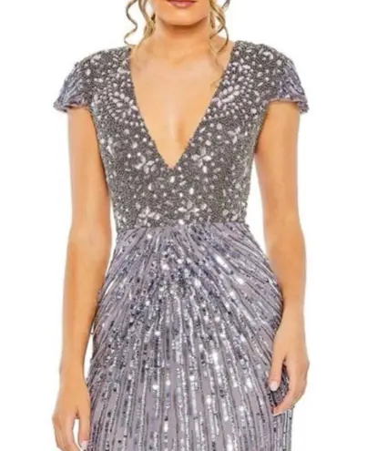 Mac Duggal 93914 V-Neck Cap Sleeve Embellished Formal Gown, Heather, Size 14