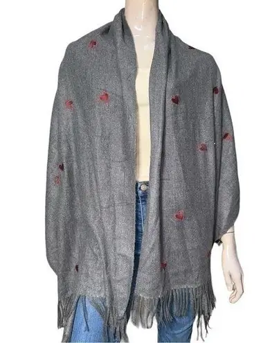 Jayley Women’s Size 27 x 78 Dark Grey Red Heart Embroidered Fringe Wrap Scarf Gray