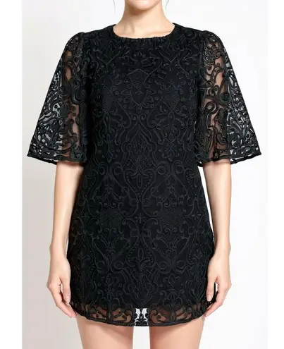 Sézane Gabin Guipure Embroidered Lace Mini Dress, Black, FR34/US2