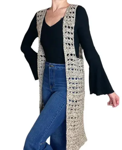 Vintage Handmade Cream & Brown Crochet Long Hippie Open Vest