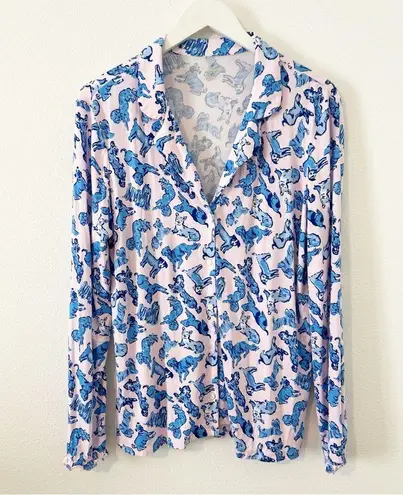 Lilly Pulitzer  Ruffle PJ Top Ruff Night Dog Print Pink Blue Button Down Large