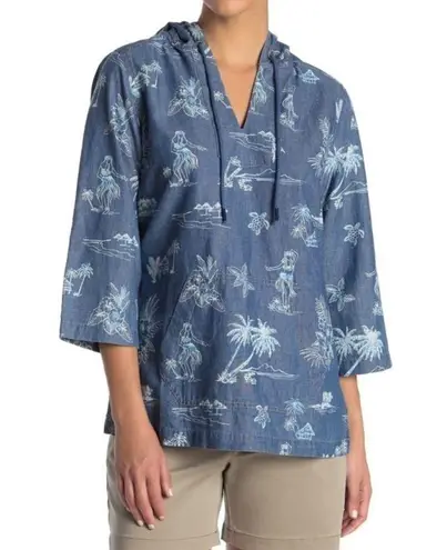 Tommy Bahama  Hula Hut Tropical Print Baja Blue Linen Blend Hoodie