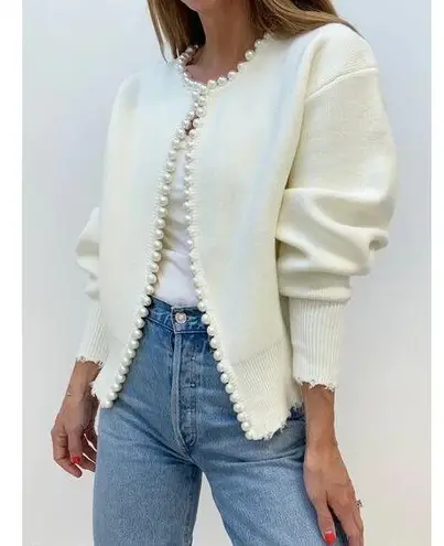 Commense Pearl Trim Ripped Hem Cardigan XS NWT