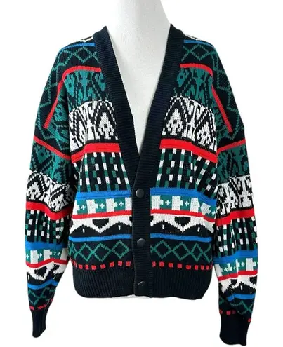 Vintage 70s Sasson Fair Isle V Neck Cardigan Sweater Oo La La Small Retro Black