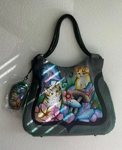 Anuschka Hand Painted Cats In Wonderland Mushrooms