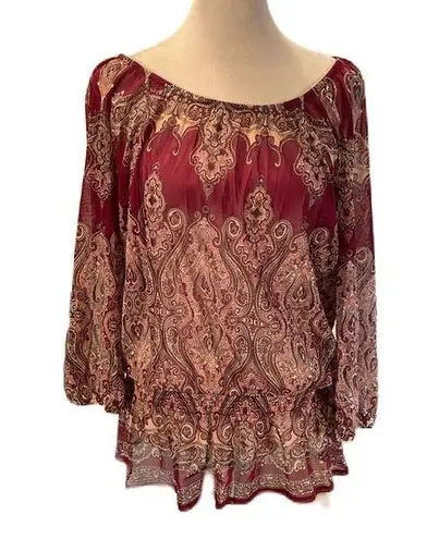 INC Wine Color Paisley Sheer Blouse Elastic 3/4 Sleeves & Low Elastic Waist M