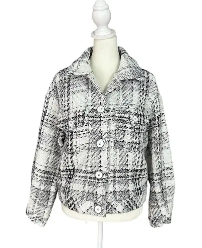 Cache Plaid Tweed Metallic Lined Button Up Jacket Black & White Size Medium
