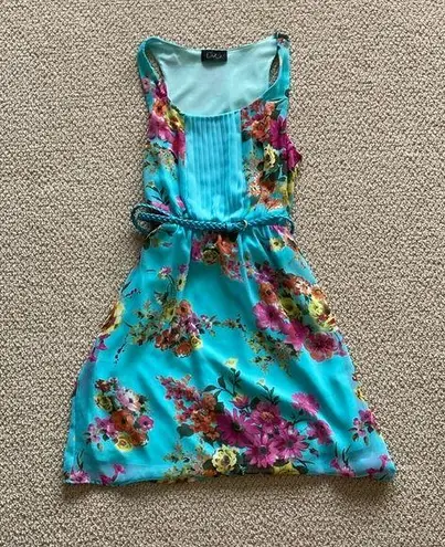 DuO Blue Floral Fit & Flare Dress Belted Lined Elastic Waist Like New Size Small