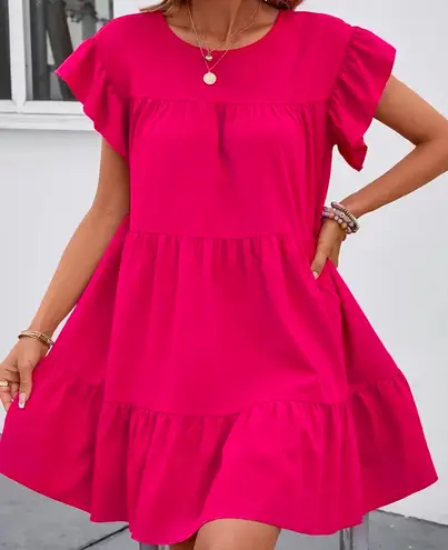 Solid Crew Neck Tiered Dress Pink