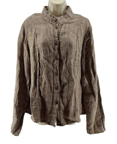 Flax Linen Button Down Mandarin Collar Shirt Natural Tan Womens Size Large