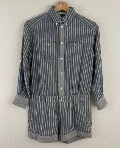 Anthropologie Blue White Stripe Button Up Lightweight Summer Romper Shorts - Image 2