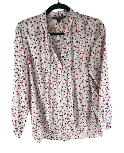 Velvet Heart Womens Cherry Print Button-Down Blouse Tie Collar M White/Red
