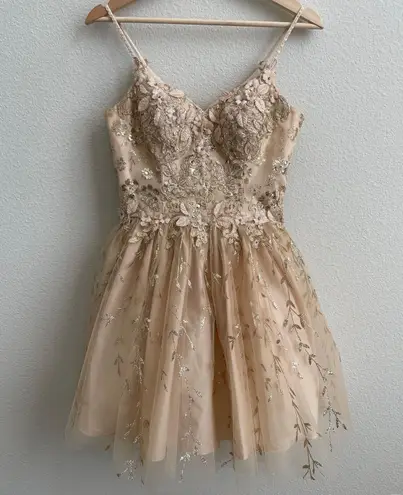 Dancing Queen Gold Beige Floral Glitter Tinker Bell Fairy Princess Tulle Dress