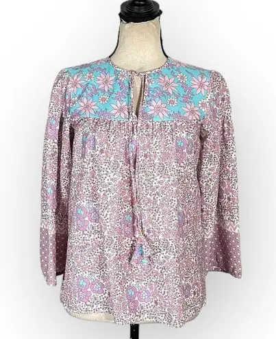 Shoshanna Solado Blouse Women's XS Pink Blue Floral 3/4 Sleeves Split V-Neck