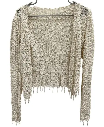None VTG Ivory Beaded Lace Cardigan Pearl & Sequin Embellished Party Bridal NYE Glam