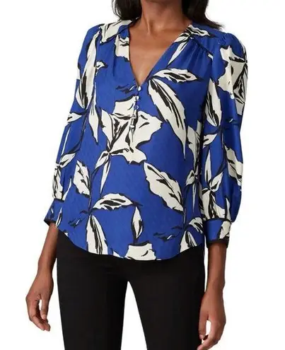 Veronica Beard  Blouse Silk Blend Milan Top in Floral Blue Black & White Sz 8 EUC