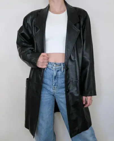 Preston & York Vintage 90s Black Leather Blazer Trench Coat