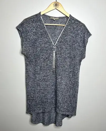 Joan Vass Marled Zipper Short Sleeve Top