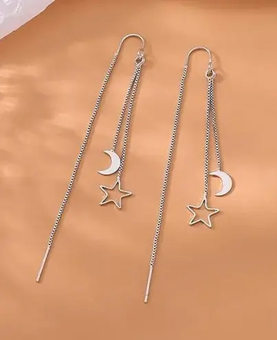 Silver Moon Star Threader Long Tassel Earring Chain, Drop Dangle Woman Earrings