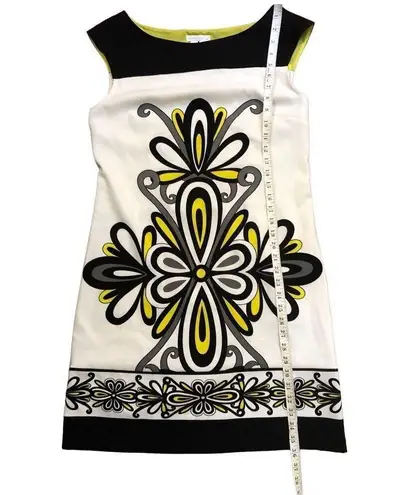 London Times  sleeveless shift dress yellow white and black geometric print size