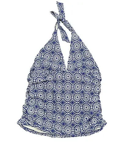 Helen Jon Halter Tankini Swim Top Navy White Geometric Print USA Made Stretch L Blue Size L