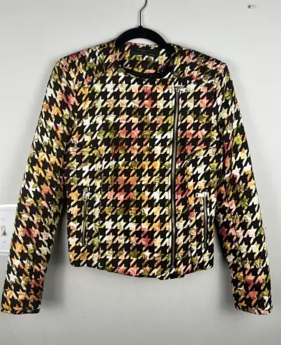 ZARA Trafaluc Floral Multicolor Houndstooth Moto Jacket Women's Small
