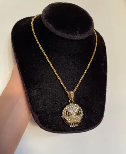 NEW Gold Plated Iced Out Bling Jack Skellington Skull Pendant Chain Necklace