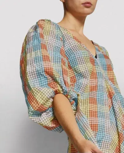 Ganni ππ Seersucker Check Dress ~ Midi Tent Plaid Picnic Balloon Sleeve Size 40