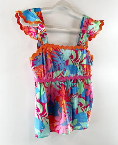 Greylin Skyler Ruffle Scallop Trim Babydoll Square Neck Tropical Top Pink Small