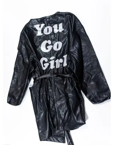 See Rose Go You Go Girl Graphic Vegan Faux Ultra Soft Leather Trench Coat Jacket