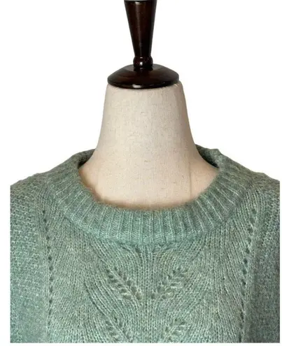 FRNCH Sweater Women Large Green Fuzzy Knit Puff Ballon Sleeve Crew Neck Pullover