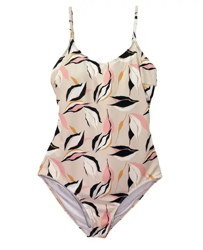 Janela Bay One Piece Swimsuit Size Large Beige Pink Black Leaf Print Tie Back Tan