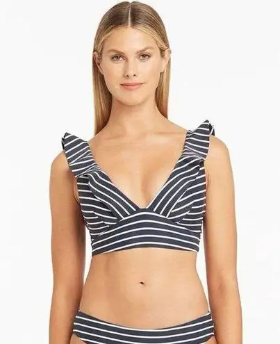 Sea Level Navy Blue Stripe Frill Ruffle Bikini Swim Swimsuit Top womens 4 XS new