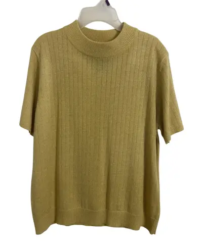 Sag Harbor Gold Metallic Short Sleeve Sweater Size Medium Mock Neck Grannycore