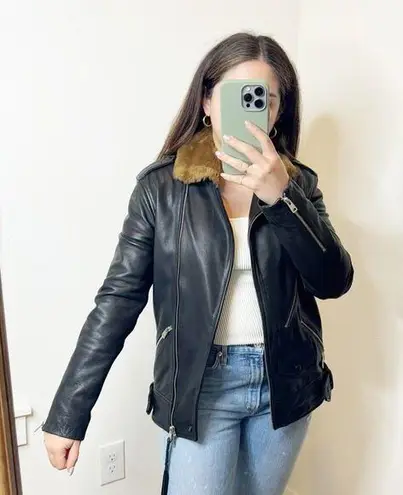 All Saints Sherwood Leather Biker Jacket with Fur Collar in Black Size Small
