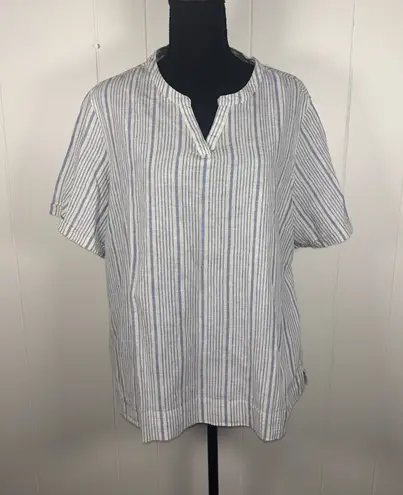ll bean blue ivory Striped linen cotton tunic top short sleeve XL
