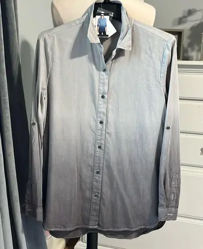 Chelsea & Theodore Long Sleeve Grey Dip Dye Button Front Womens S Blouse Tunic Gray
