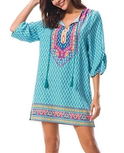 Urban Coco Blue & White Printed Boho V-Neck Half Sleeve Dress L
