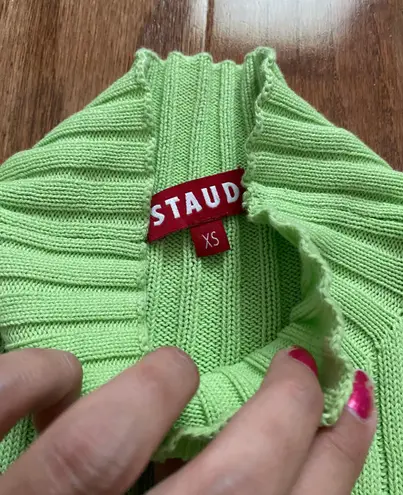 STAUD pistachio green ribbed cropped mock neck rocky sweater lemon beads