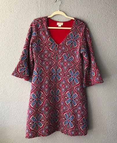 Maeve by Anthropologie Sweater Dress, Large, Red/Blue Knit Pattern 3/4 Sleeves