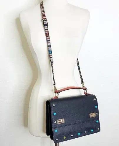 Henri Bendel  Crossbody 2Way Black Leather Handbag Patterned Strap